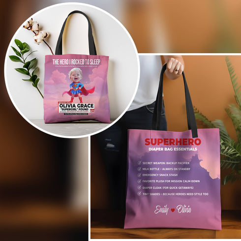Personalized Supergirl Baby Tote Bag – Funny Superhero Gift for Mom with Custom Photo & Name